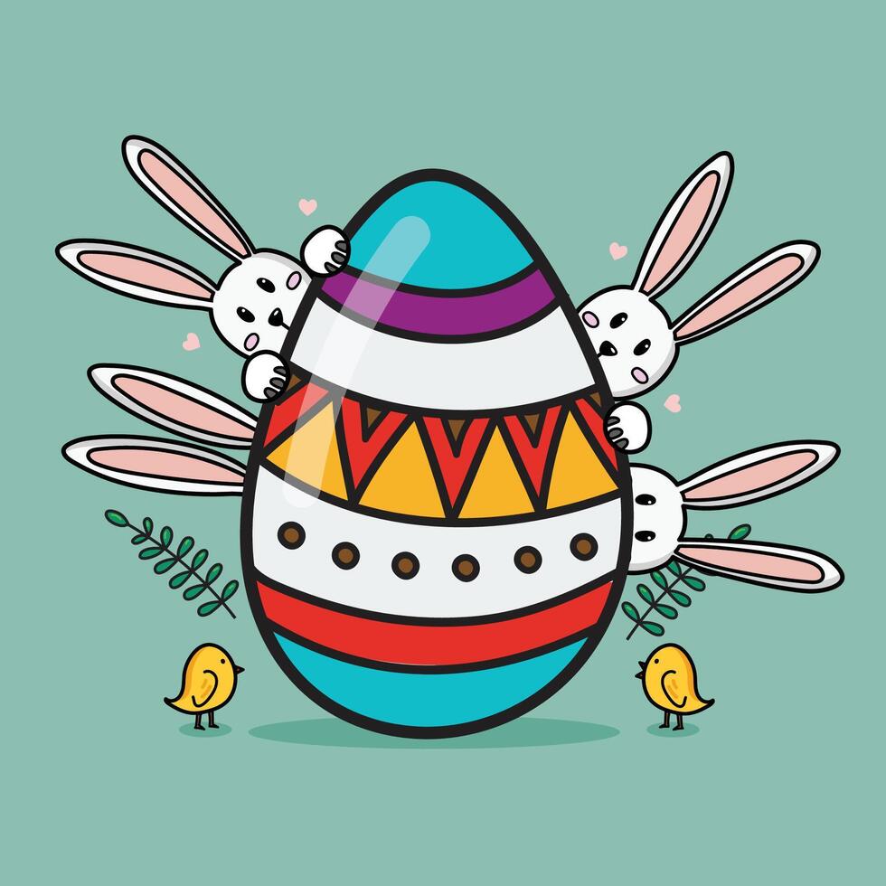 Lycklig påsk med kaniner och påsk ägg klotter stil vektor