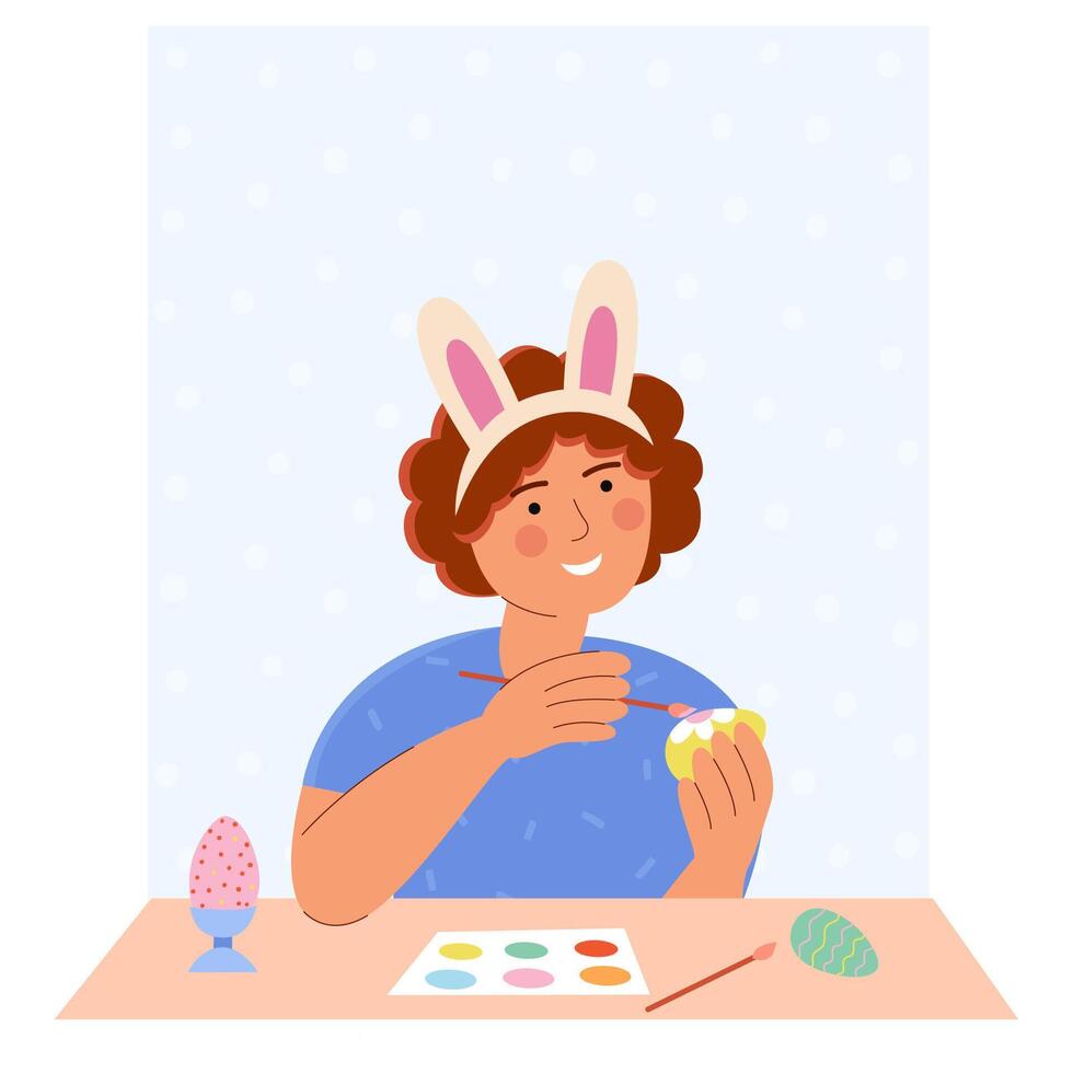 barn eller kvinna målning påsk ägg. påsk karaktär. söt liten barn flicka bär kanin öron. vektor