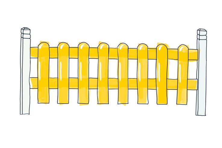 Lustiger Skizzenzaun aus flachen Latten, in gelb gemalt. Vektorskizze in der Gekritzelart des Stiftes auf Papier mit Platz für Text auf weißem Hintergrund vektor