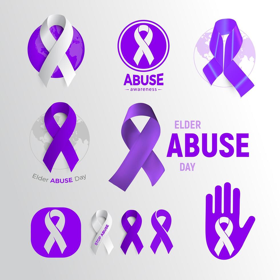 Symbolsatz für den Tag des Bewusstseins für älteren Missbrauch, lila Bandsammlung, Symbol für die Kampagne häuslicher Gewalt, Emblem für ältere Probleme, Vektorillustration. vektor
