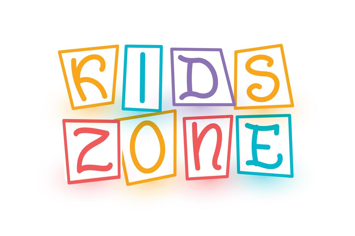 Logo-Vorlage für die Kinderzone. Cartoon bunte Buchstaben, die von einem Kinderfinger gezeichnet werden, der in Kinderspielwürfel für die Kleinen gelegt wird. Vektorzeichen. vektor