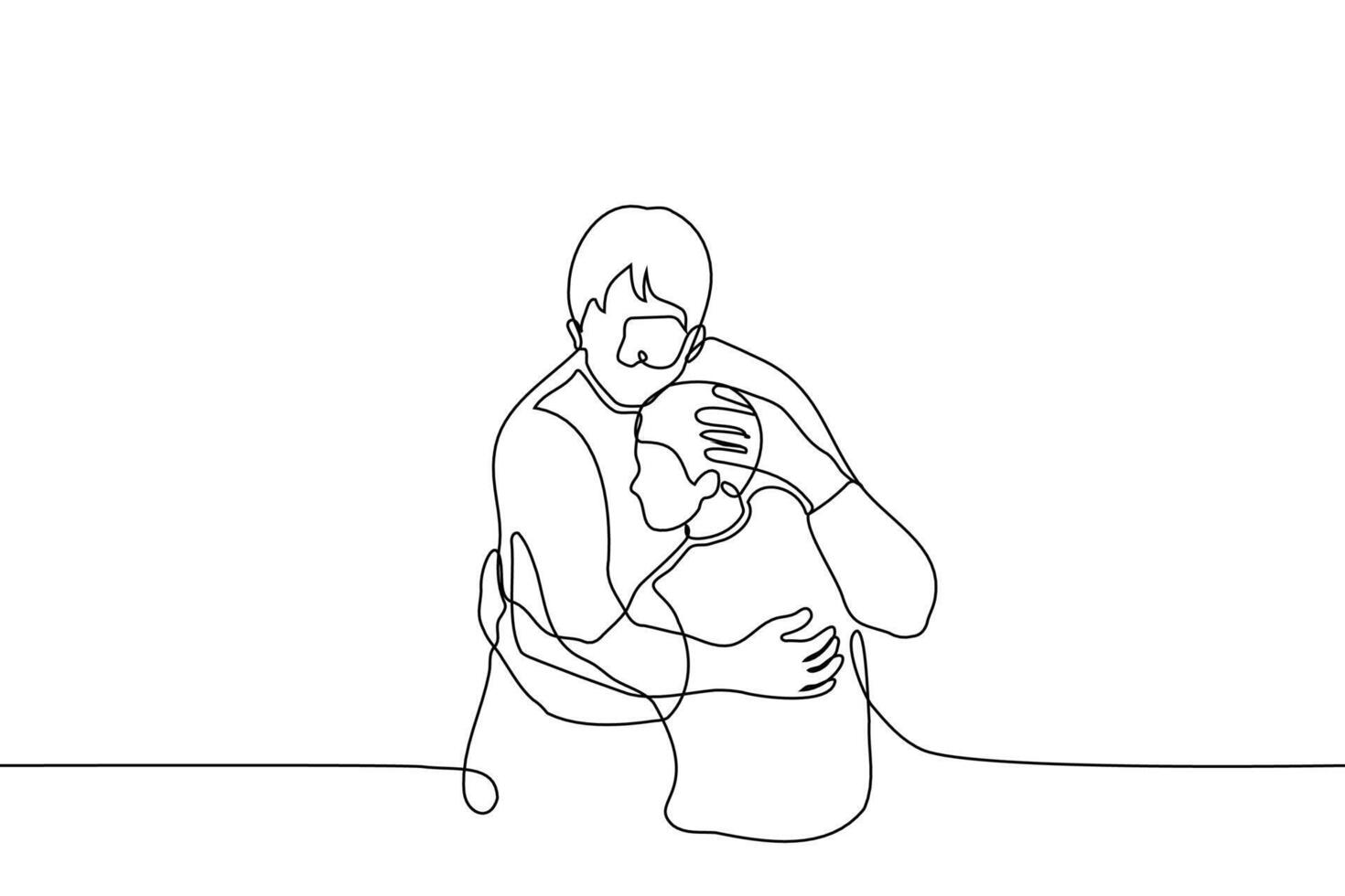 vuxen kramar barn vem cuddles till honom - ett linje teckning vektor. begrepp av lång väntade möte av förälder och son, yngre gratulerar äldre, vuxen bekvämligheter barn vektor