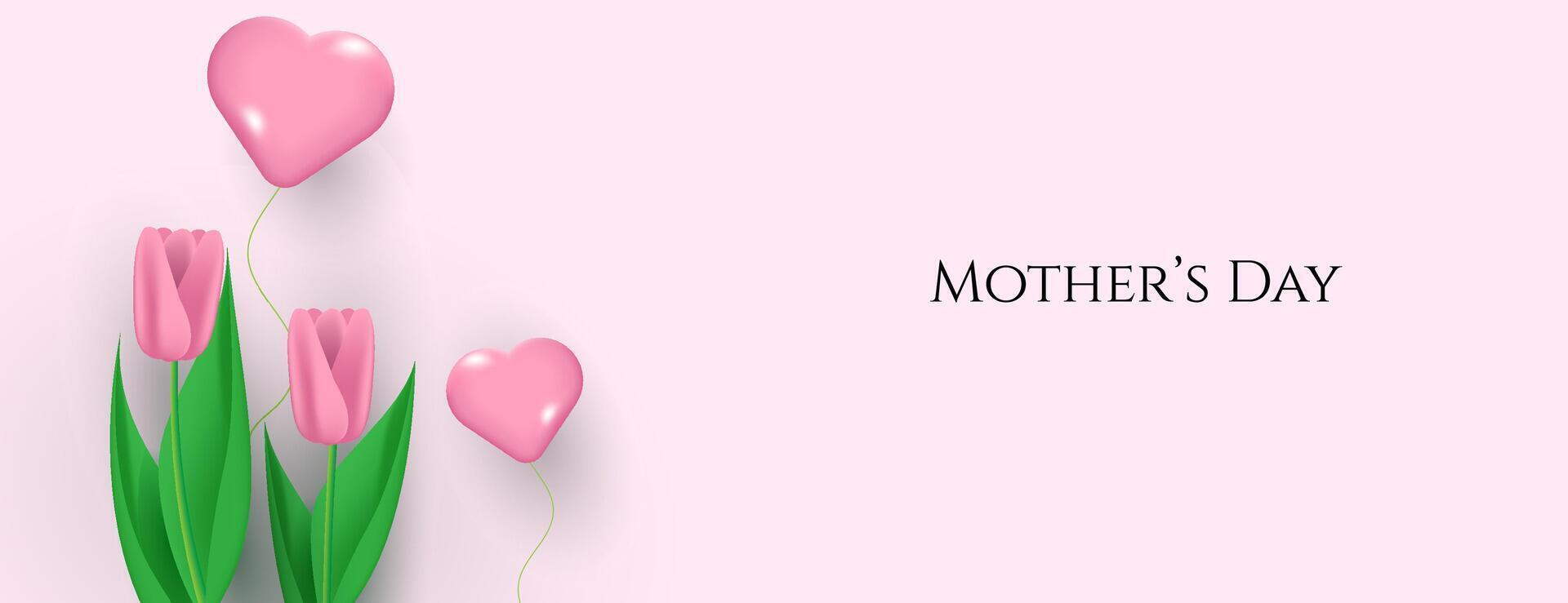 Mutter Tag Banner Design mit 3d Rosa Tulpen und Herzen. Vektor Illustration