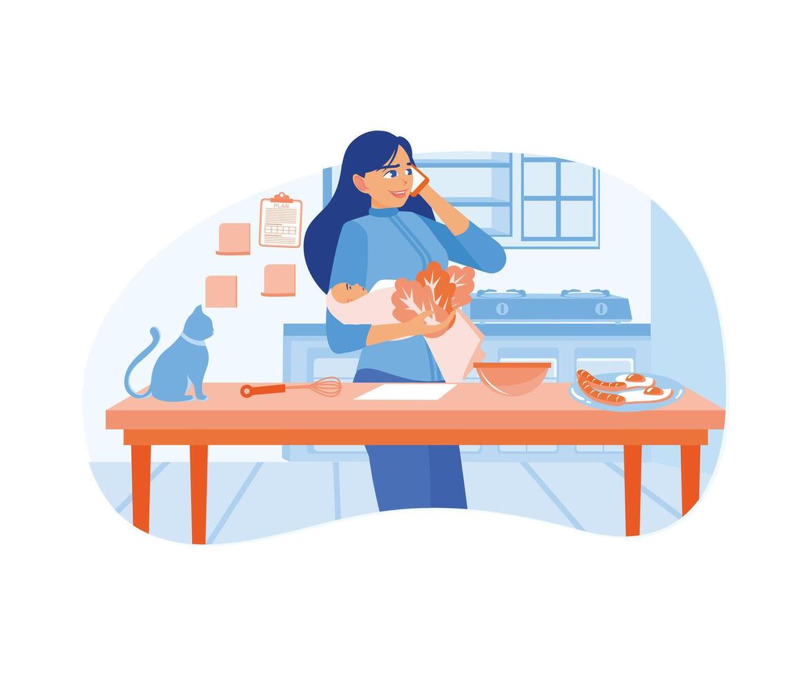 ein beschäftigt Mutter beim heim. nehmen Pflege von ein Baby, Kochen, und tun ein Menge von Arbeit gleichzeitig. Multitasking Arbeit Konzept. eben Vektor Illustration.