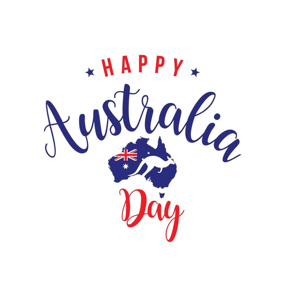 Lycklig Australien dag text. Karta av Australien med flagga. vektor illustration