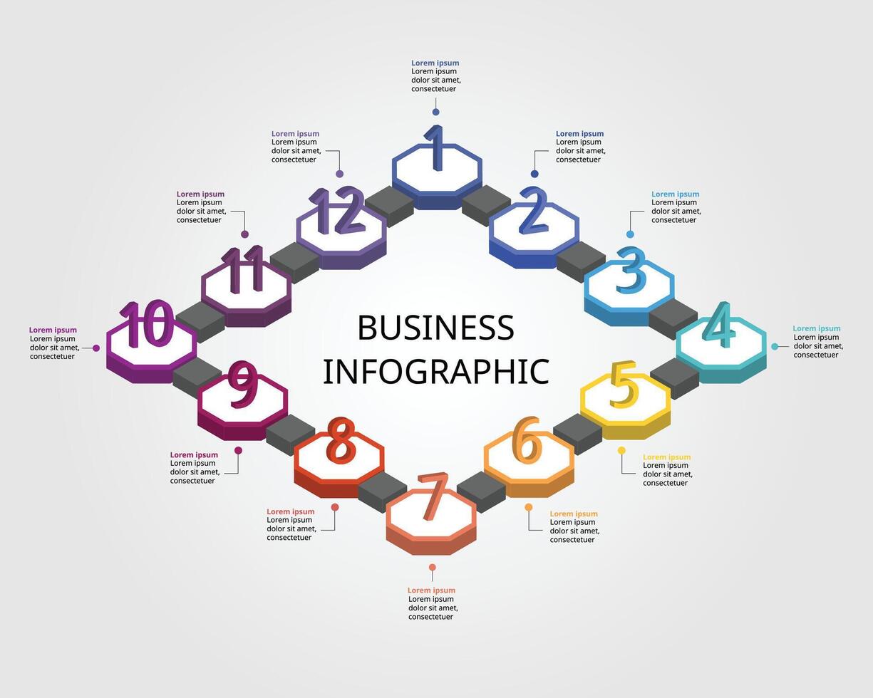 Achteck Schritt Diagramm Vorlage zum Infografik zum Präsentation zum 12 Element Zeitleiste mit Nummer vektor