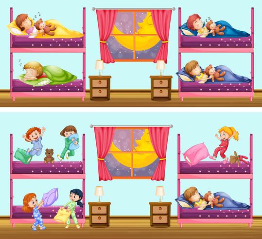 Två scener av barn i sovrum vektor