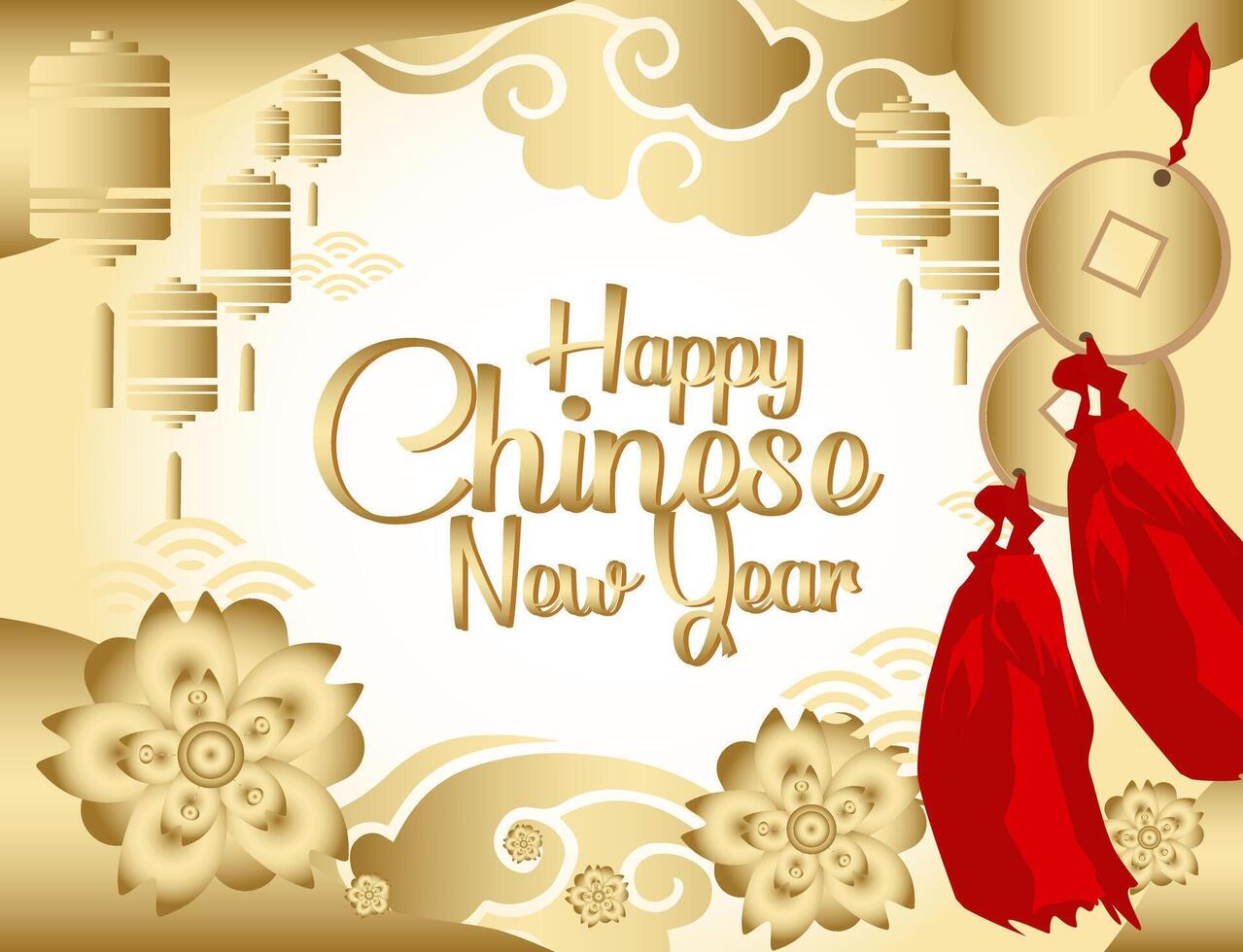 vektor Lycklig kinesisk ny år prydnad baner dekorera moln lyktor blommor mynt galge röd rep bakgrund gyllene vit lyx skönhet