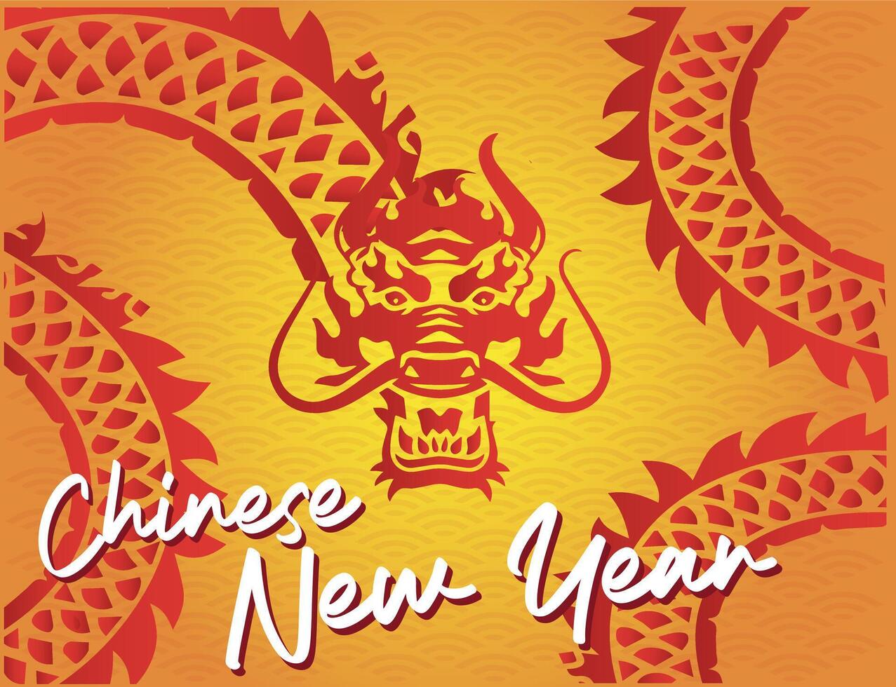 vektor av de drakens ansikte svans kropp i röd silhuett lutning prydnad bakgrund av orange och gul solljus fira kinesisk ny år