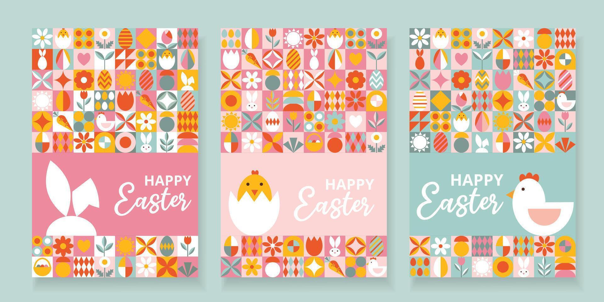 Sammlung 3 Gruß Plakate zum glücklich Ostern mit Text. modern Design mit einfach geometrisch Muster. Symbole mit Eier, Hase, Blumen, Hähnchen. Bauhaus Stil. Layout zum Karte, Werbung, Banner vektor