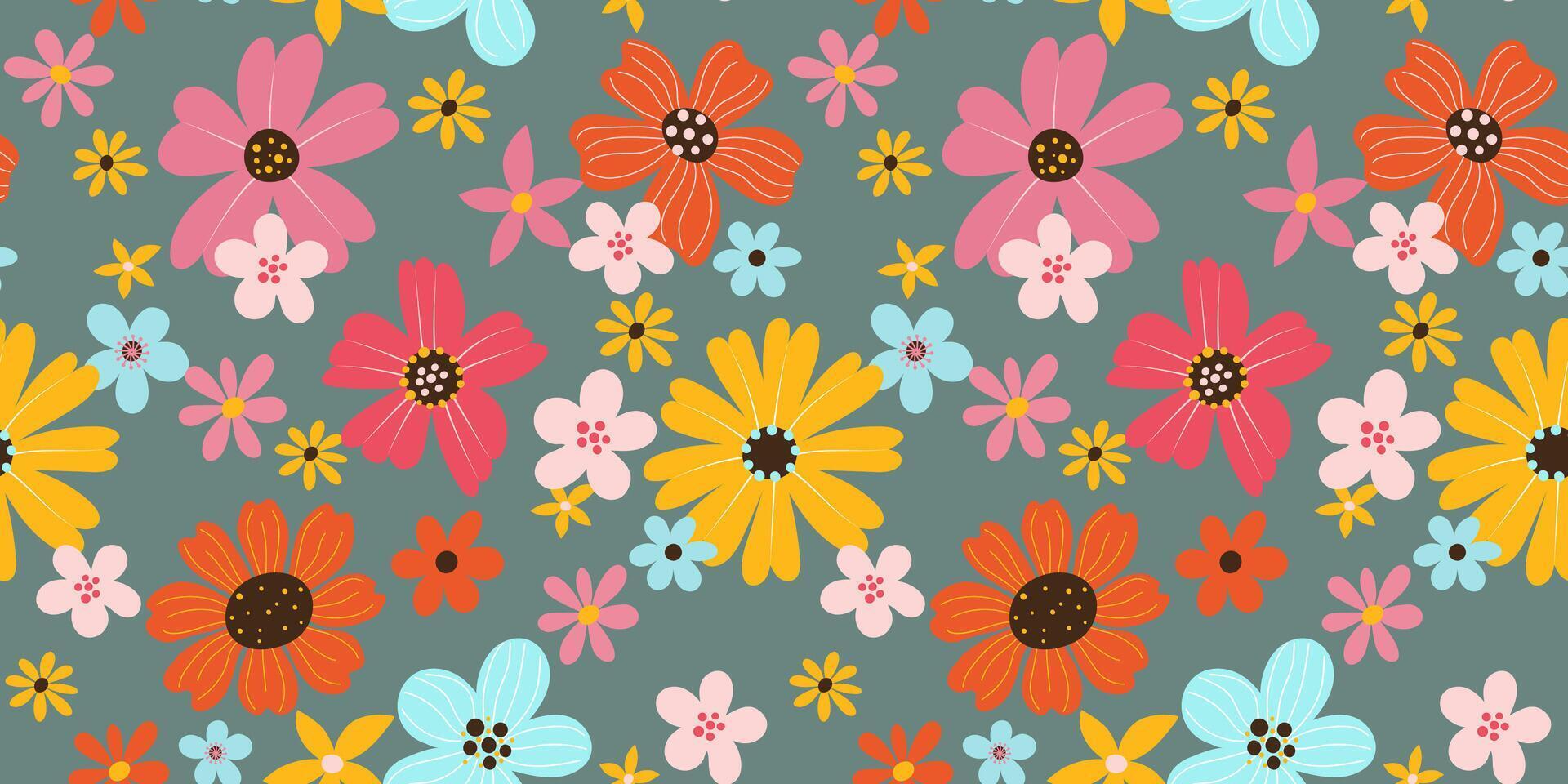 nahtlos Muster mit Hand gezeichnet groß anders Frühling oder Sommer- Blumen auf Grün Hintergrund im eben Vektor Stil. zum Textil, Hintergrund, Verpackung.