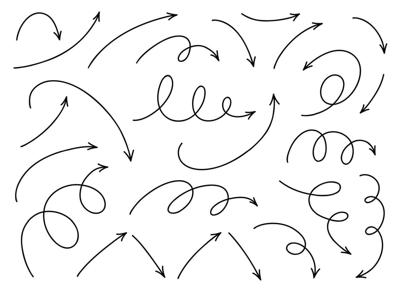 Hand gezeichnet dünn Linie Dinamic Pfeile Satz. Vektor Design Elemente isoliert auf Weiß Hintergrund.