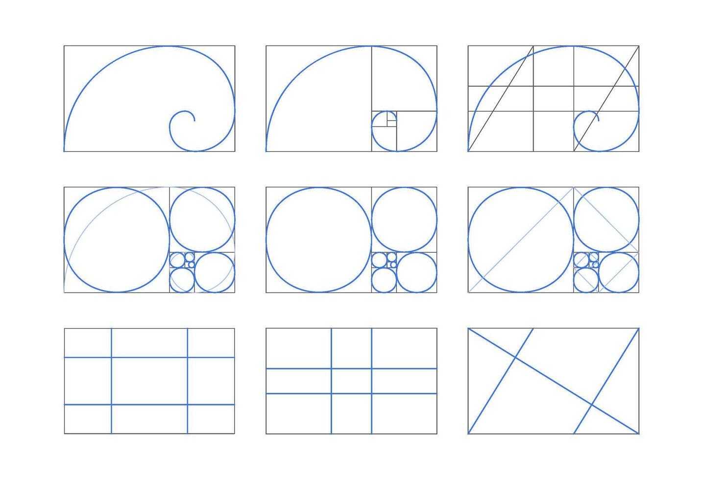 golden Verhältnis Satz. Proportionen Vorlage Komposition Balance im Geometrie und Spiral- Linien. Fibonacci Reihenfolge. vektor