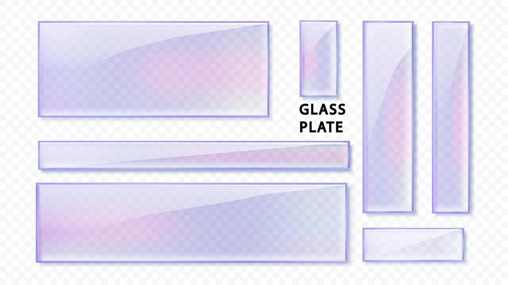 kristall glas tallrik uppsättning med färger reflexion i holografiska Färg isolerat. transparent realistisk glas panel plattor eller ramar för placering namn vektor