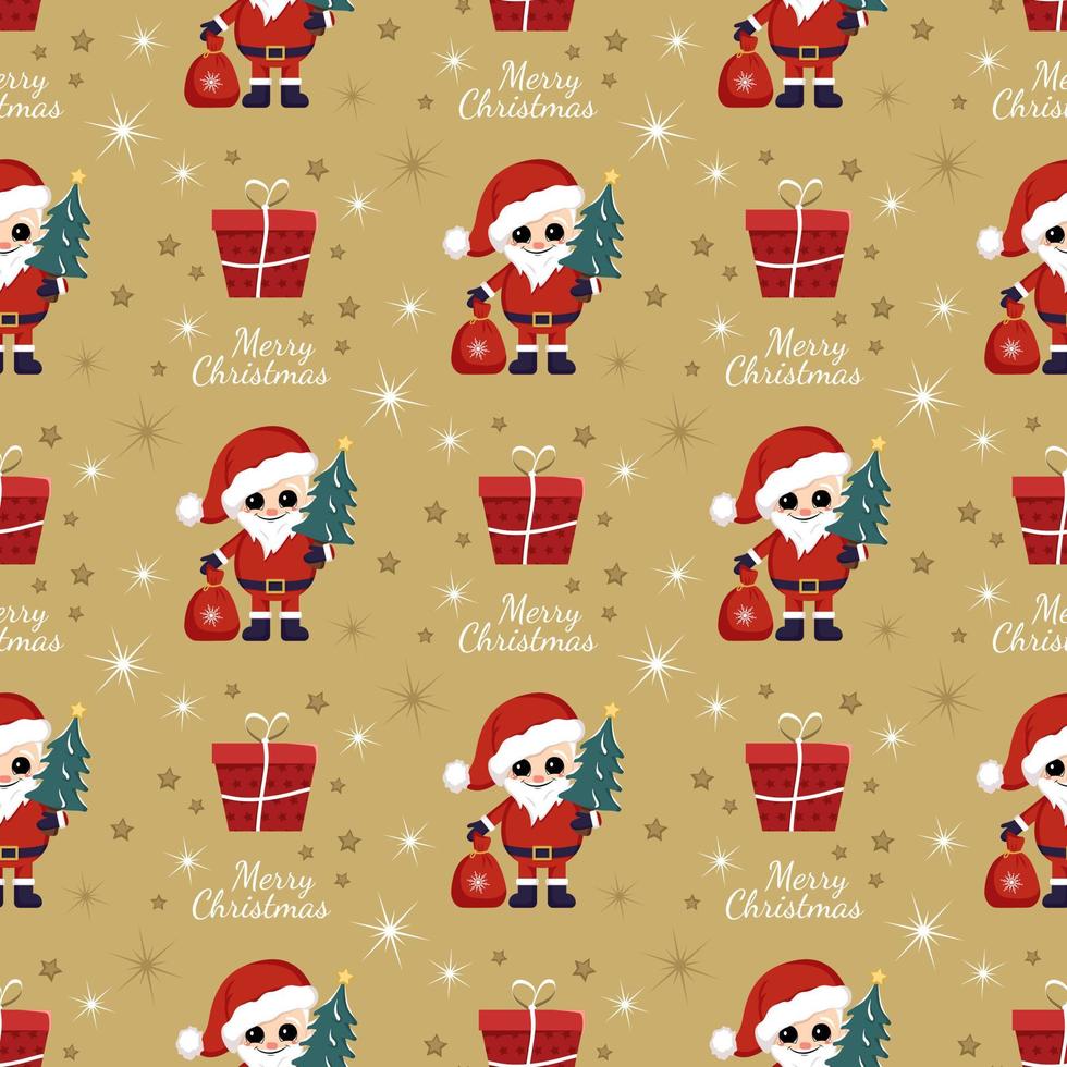 nahtloses Muster mit festlicher roter Geschenkbox, Weihnachtsmann, Aufschrift Frohe Weihnachten und Sternen auf Goldgrund. heller Druck für Silvester und Winterferien für Geschenkpapier, Textil und Design vektor