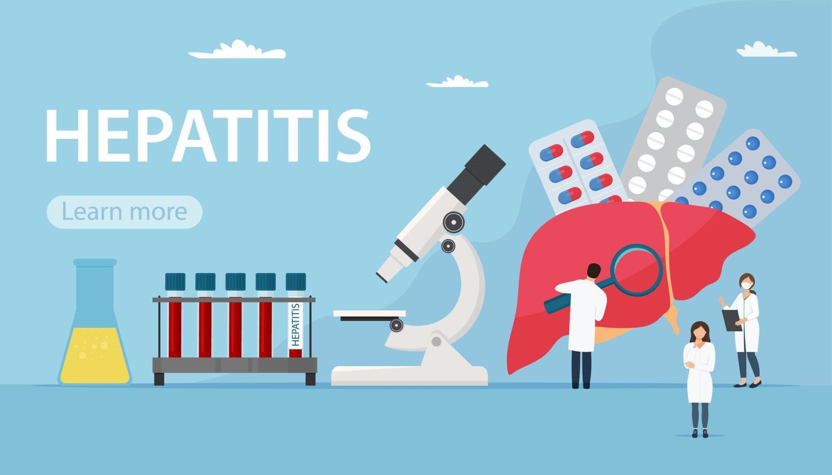 Konzept der Hepatitis a, b, c, d. kleine zeichen ärzte forschen. Vektorgrafik im flachen Stil für Website, Landing Page. Welt-Hepatitis-Tag vektor