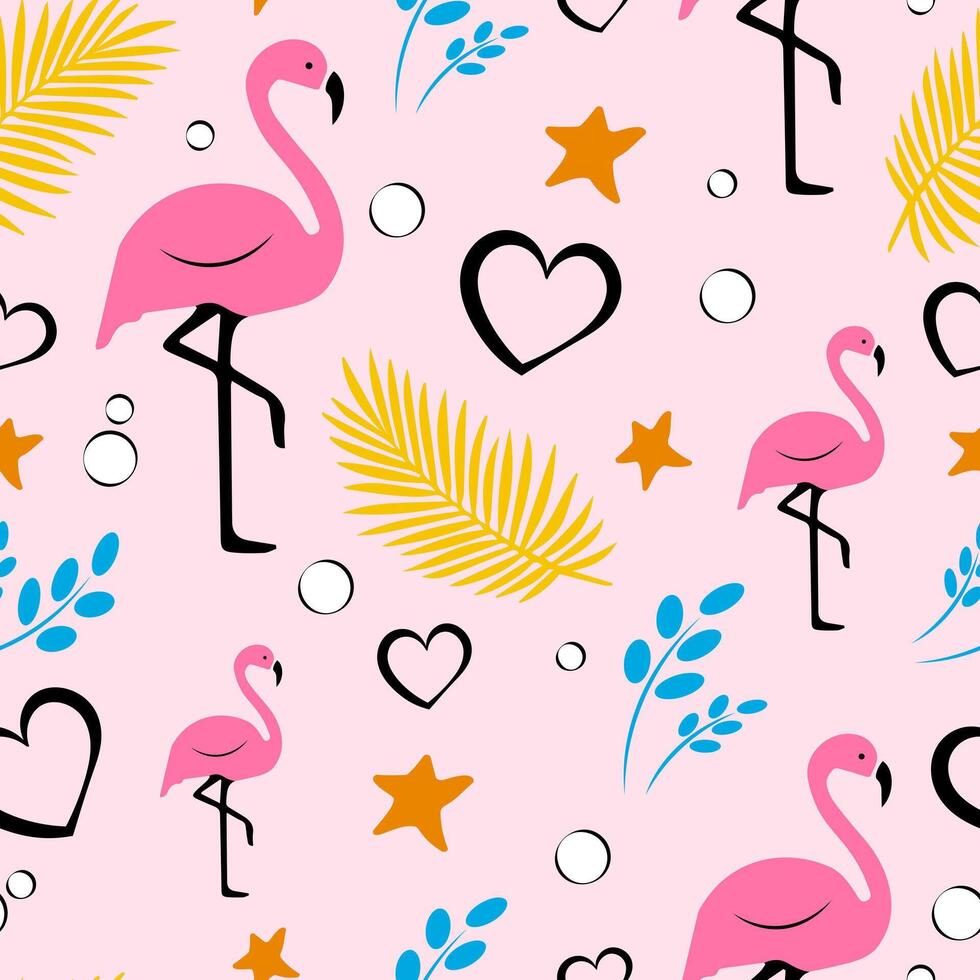 nahtlos Muster mit Flamingos, Palme Geäst, Herzen und Sterne vektor