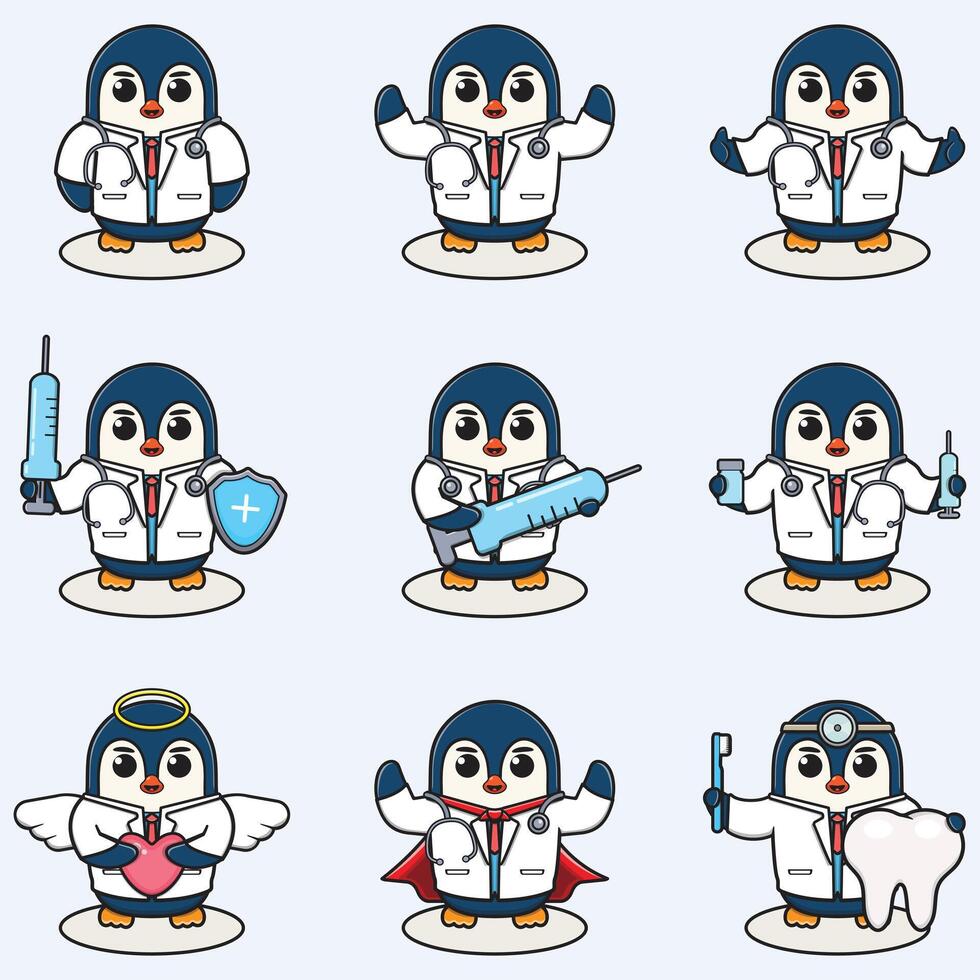 Vektor Illustration von süß Pinguin Karikatur mit Arzt Kostüm. einstellen von süß Pinguin Figuren. Sammlung von komisch wenig Pinguin.