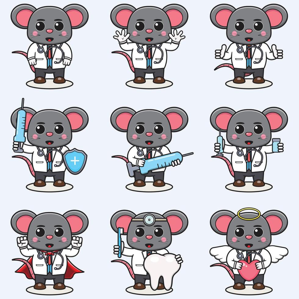 Vektor Illustration von süß Maus Karikatur mit Arzt Kostüm. einstellen von süß Maus Figuren. Sammlung von komisch wenig Maus .