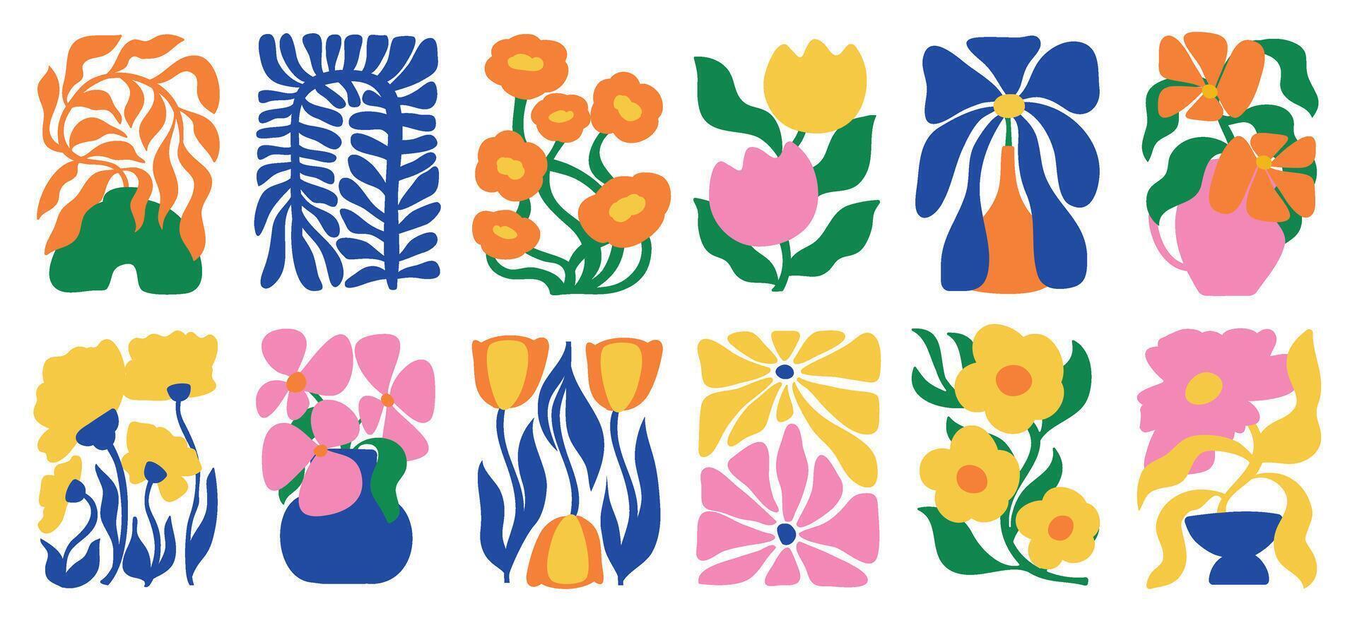 botanisk klotter bakgrund vektor uppsättning. blomma och löv abstrakt form klotter konst design för skriva ut, tapet, ClipArt, vägg konst för Hem dekoration.