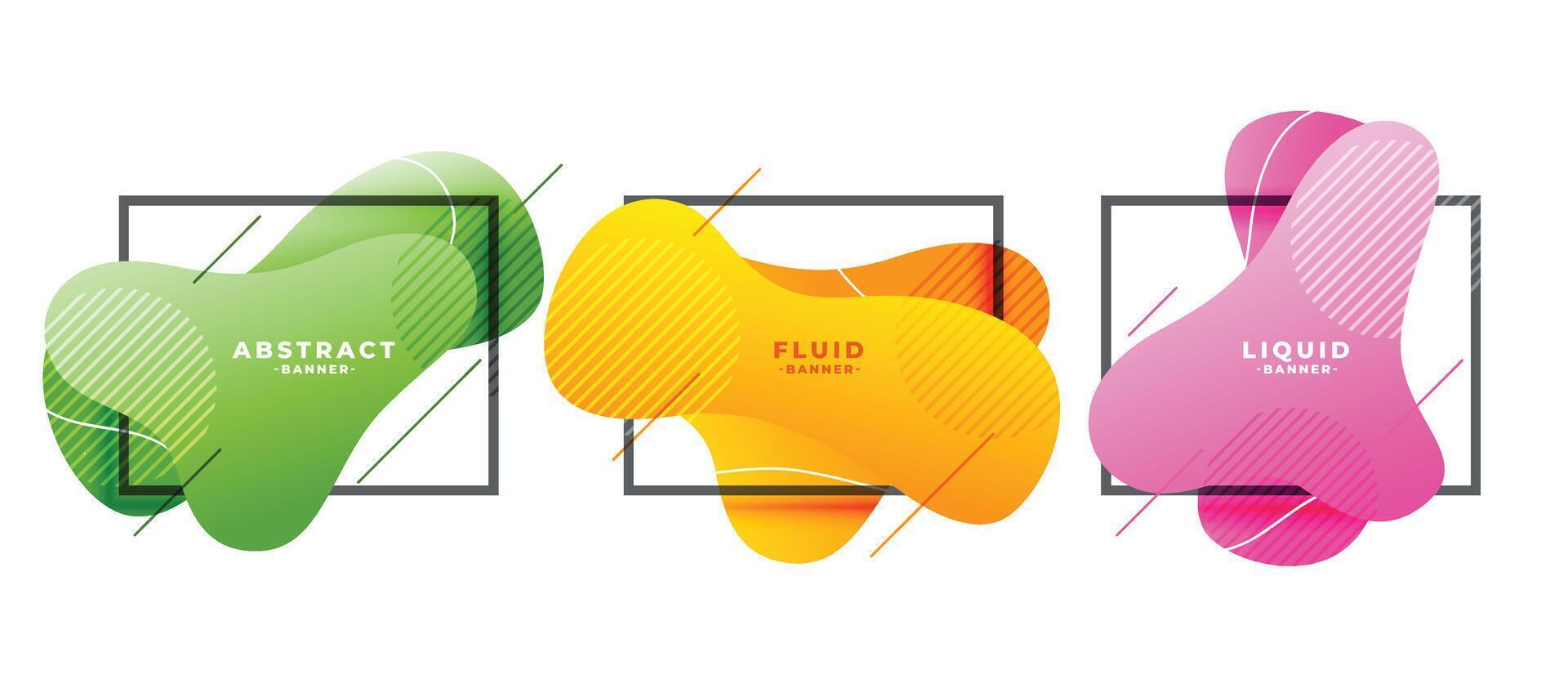 modern Flüssigkeit gestalten Frames Banner im drei Farben vektor