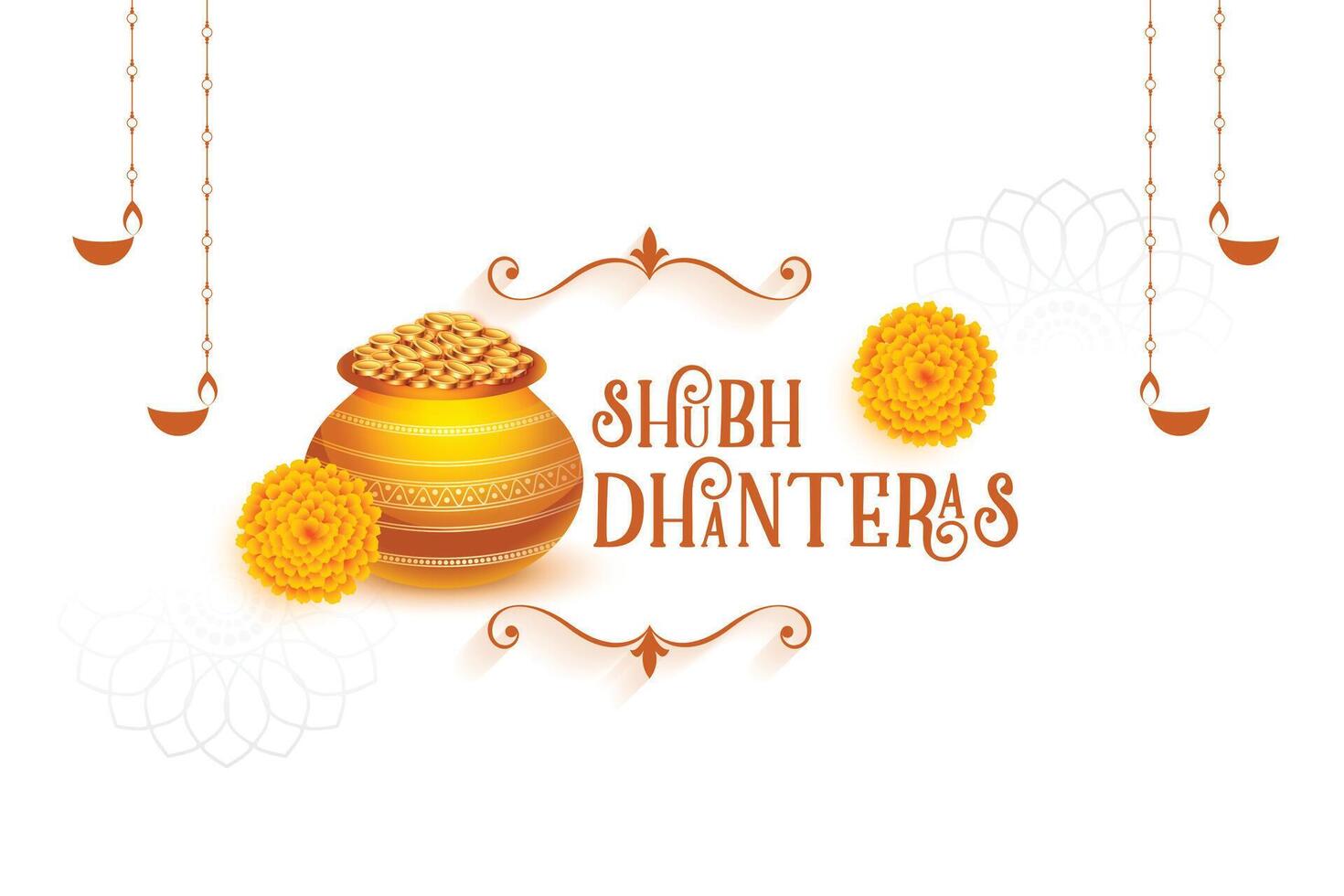 shubh dhanteras lyckönskningar kort med guld mynt kalash och blommig vektor