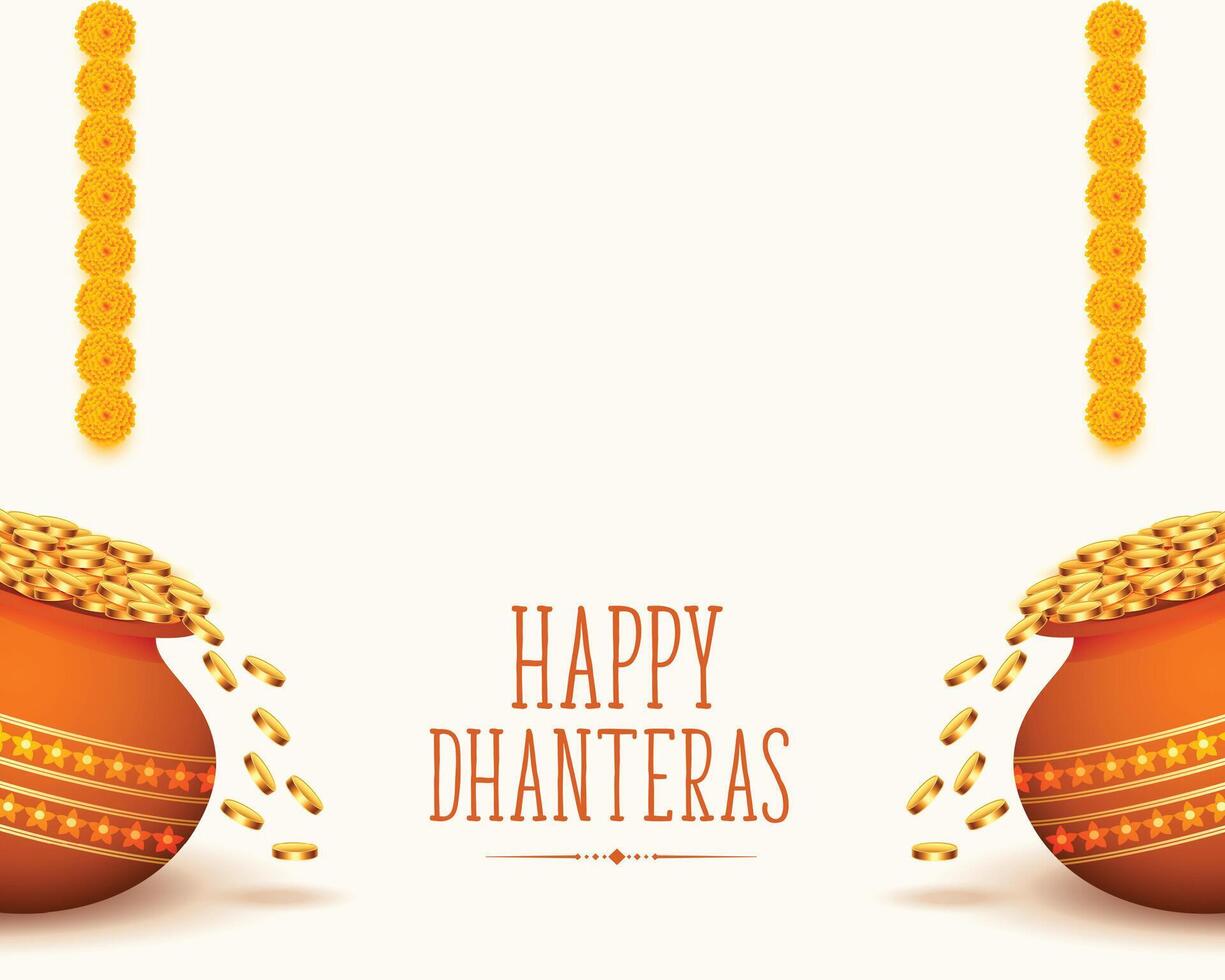 glücklich Dhanteras Urlaub Hintergrund mit golden Münze Kalasha und Blumen- vektor