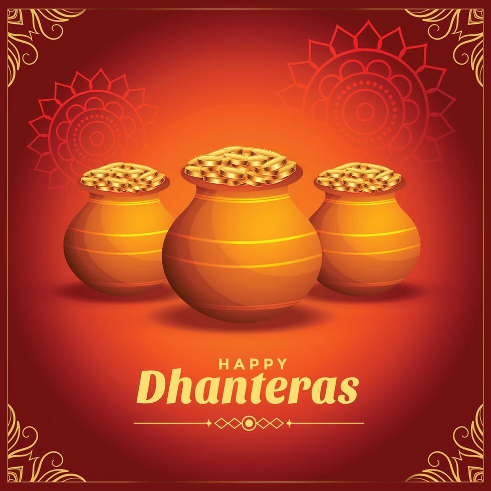 dekorativ glücklich Dhanteras Festival Karte mit golden Münzen Topf vektor