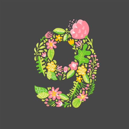 Blom sommar Nummer 9 nio. Flower Capital Wedding Alphabet. Färgrik teckensnitt med blommor och löv. Vektor illustration skandinavisk stil