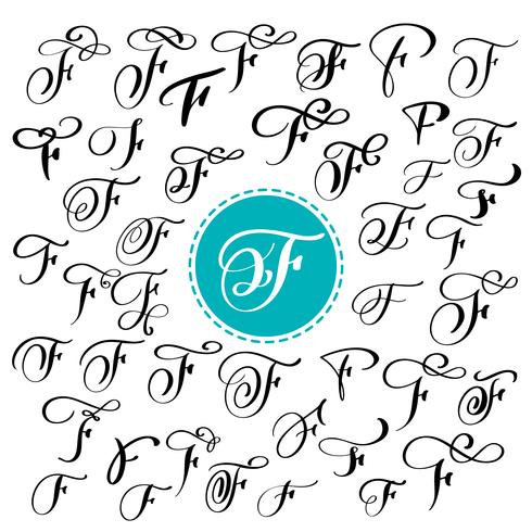 Sats med handritad vektor kalligrafi brev F. Skript typsnitt. Isolerade bokstäver skrivna med bläck. Handskriven penselstil. Handbokstäver för logotypemballage. Typografisk uppsättning på vit bakgrund
