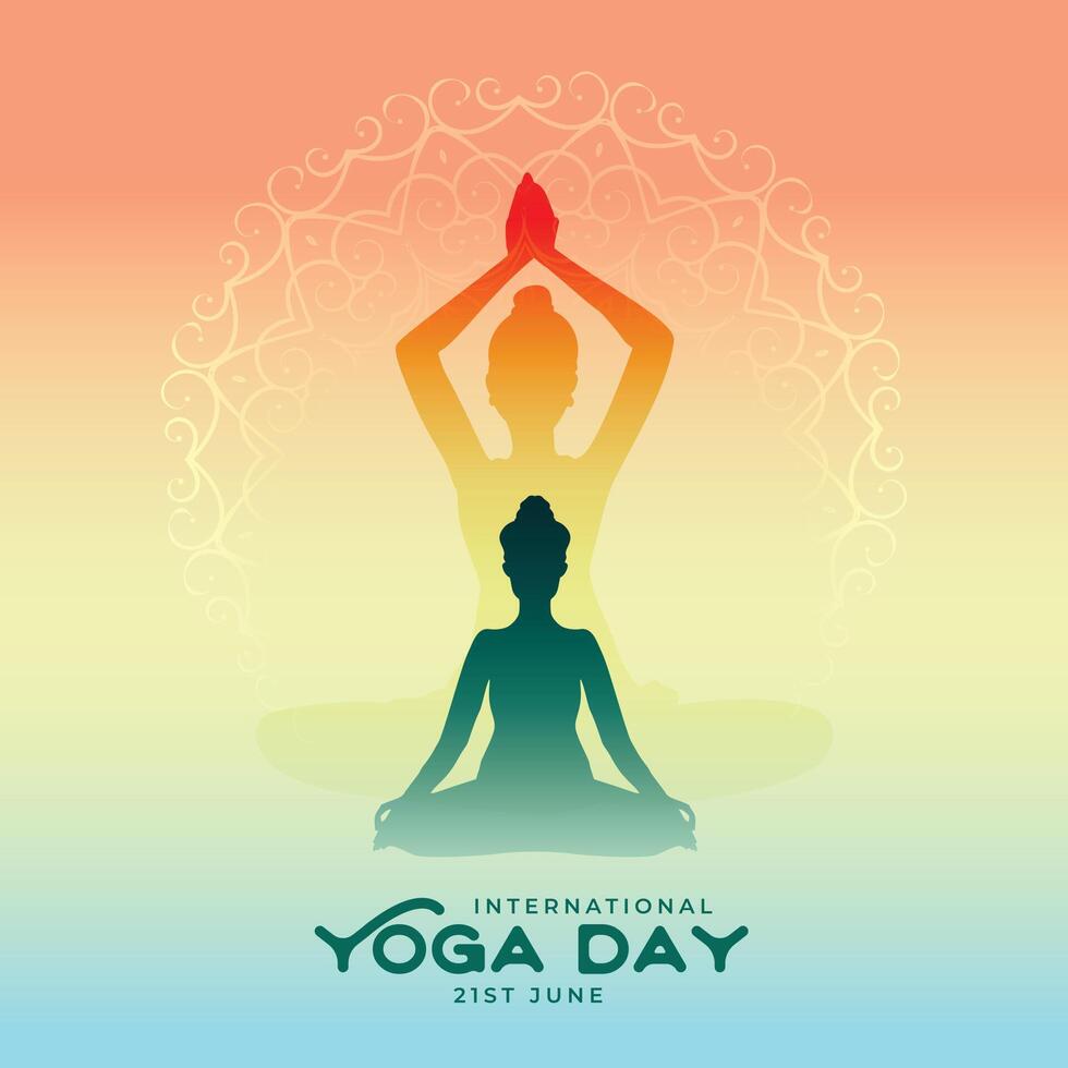 färgrik yoga dag bakgrund med meditation och Övrig yoga utgör vektor