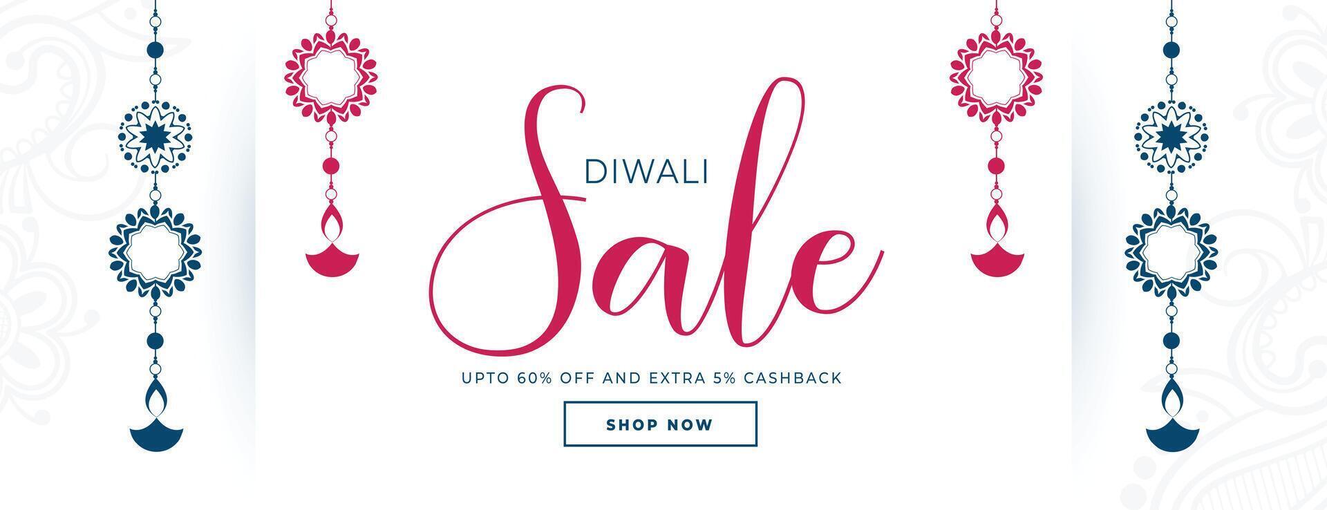 elegant glücklich Diwali Verkauf Banner mit Laterne Diya Design vektor