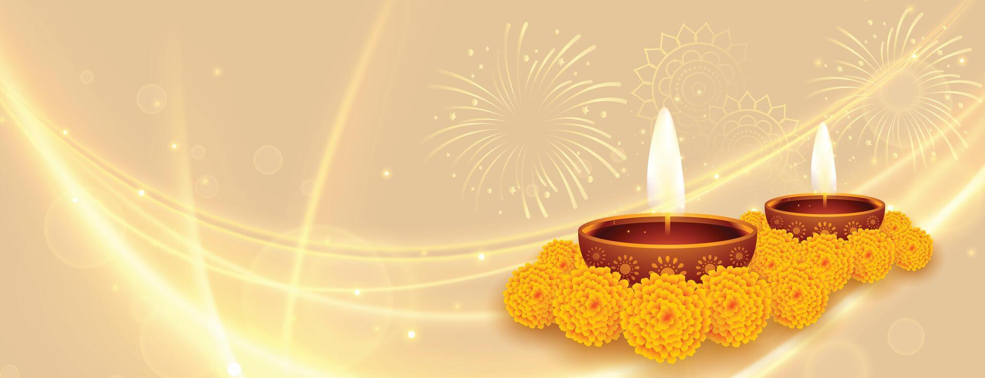 glücklich Diwali glänzend Diya und Ringelblume Blume Banner vektor