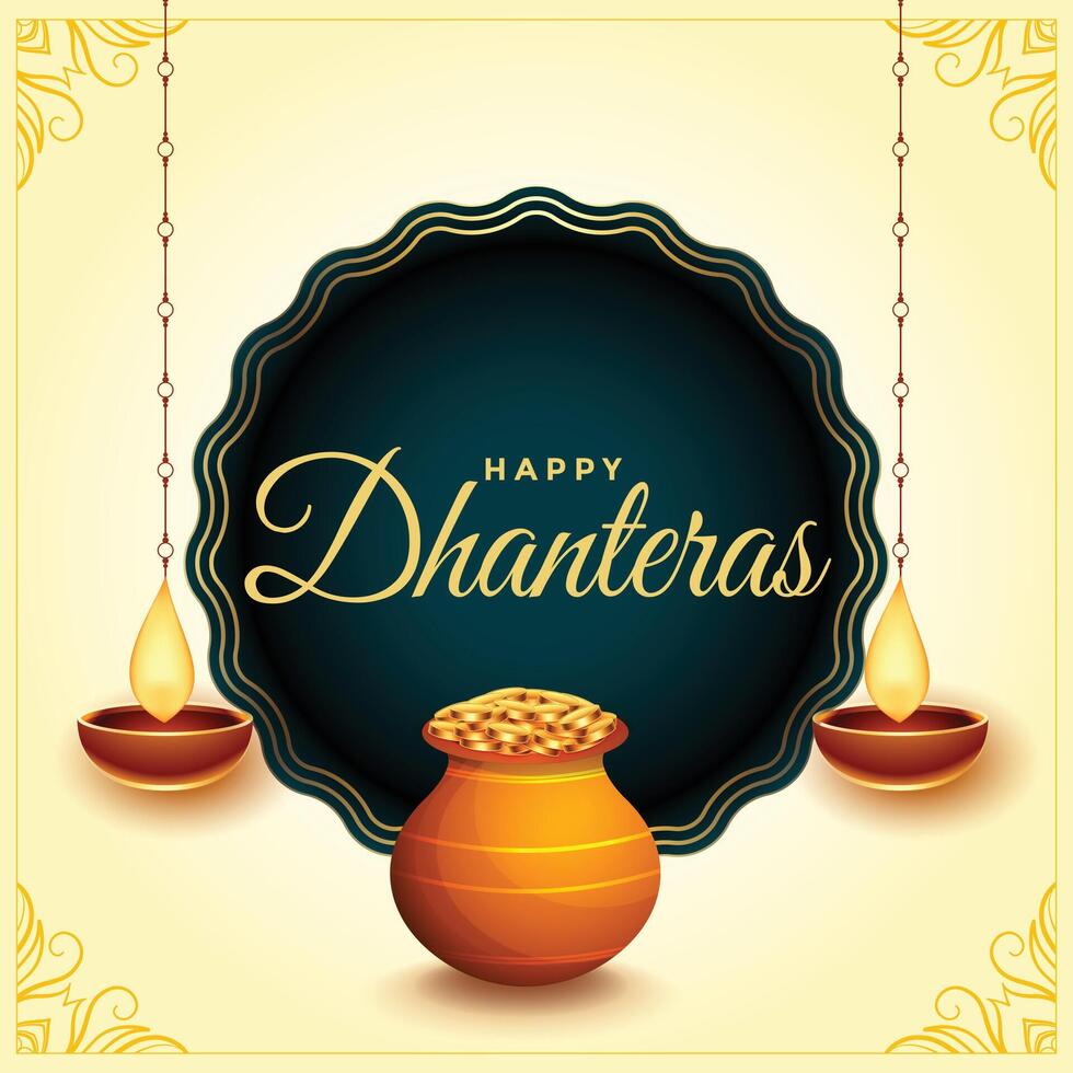 glücklich Dhanteras Festival Karte mit Diya und Gold Münze Topf vektor