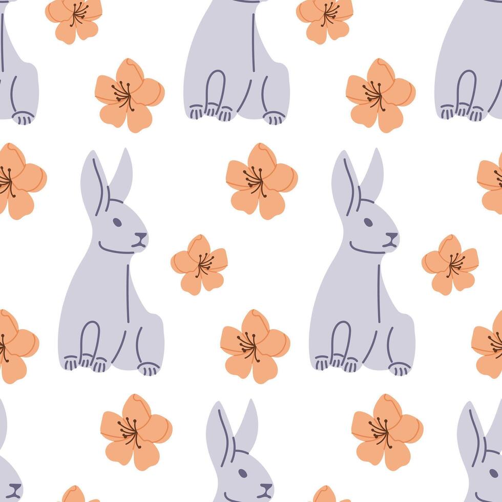 süß Sitzung Hase mit Frühling Blumen nahtlos Muster. eben Hand gezeichnet farbig Elemente auf Weiß Hintergrund. einzigartig retro drucken Design zum Textil, Hintergrund, Innere, Verpackung vektor