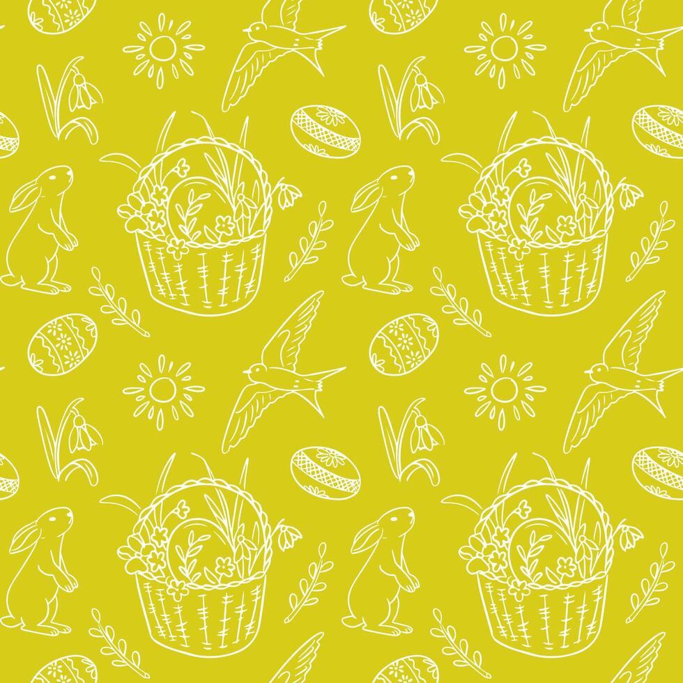 Ostern nahtlos Muster mit traditionell Artikel. Weiß Gekritzel Ostern Hase, Korb, Ostern Eier und schlucken auf Gelb Hintergrund. Frühling Urlaub Design zum Dekoration, Verpackung, Banner vektor