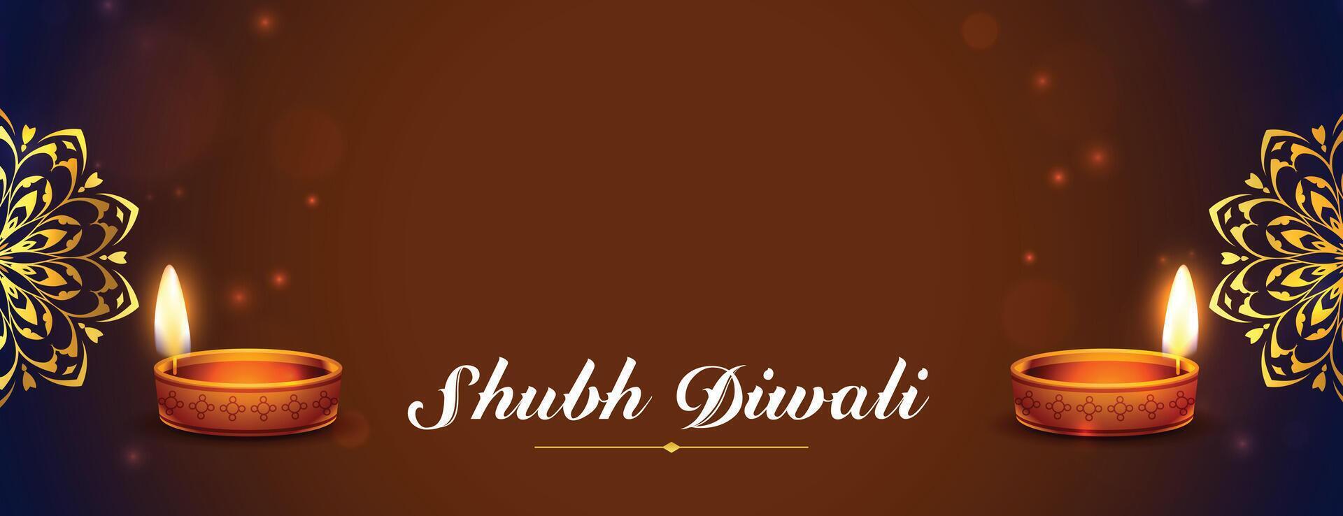 skinande shubh diwali baner med realistisk olja diya och text Plats vektor