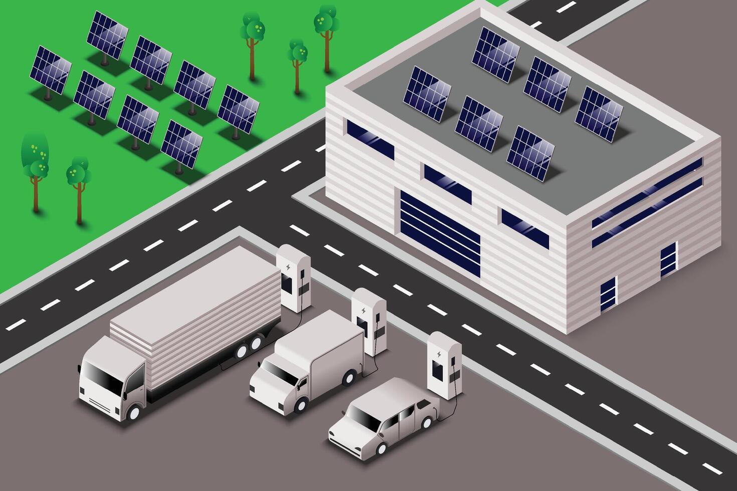 företag elektrisk bilar flotta laddning på snabb laddare station på logistisk Centrum. frakt transport leverans verktyg fordon semi lastbil, skåpbil, företag laddning förnybar sol- elektricitet energi. vektor