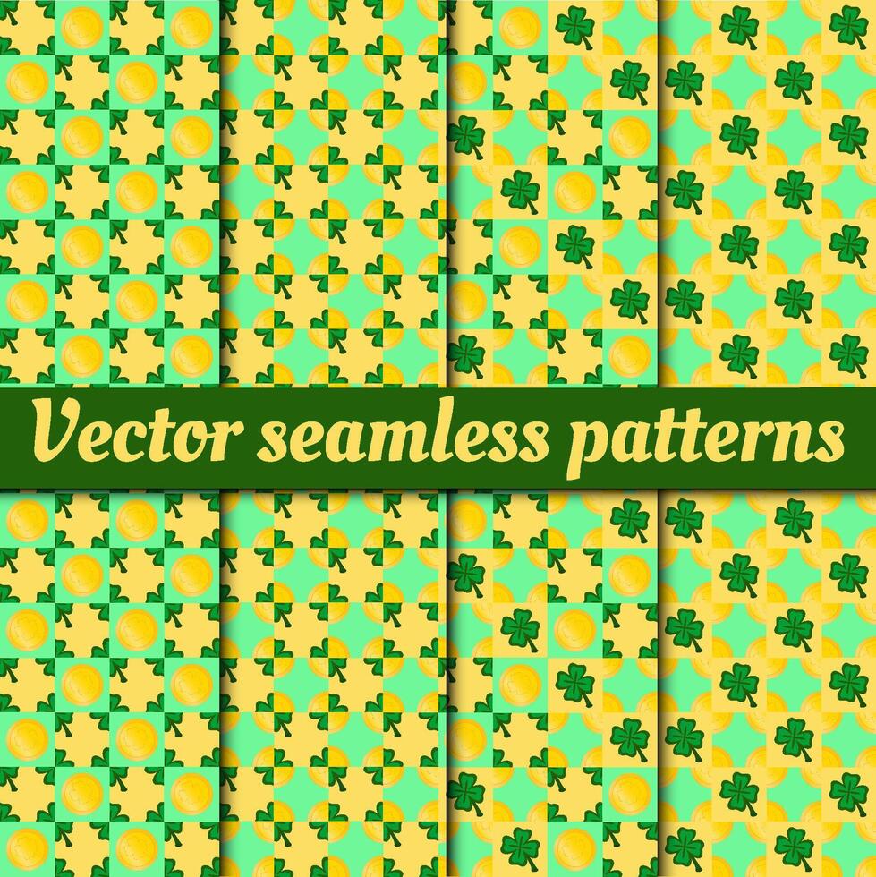 samling av vektor sömlös geometrisk mönster för st. Patricks dag. guld mynt och klöver.