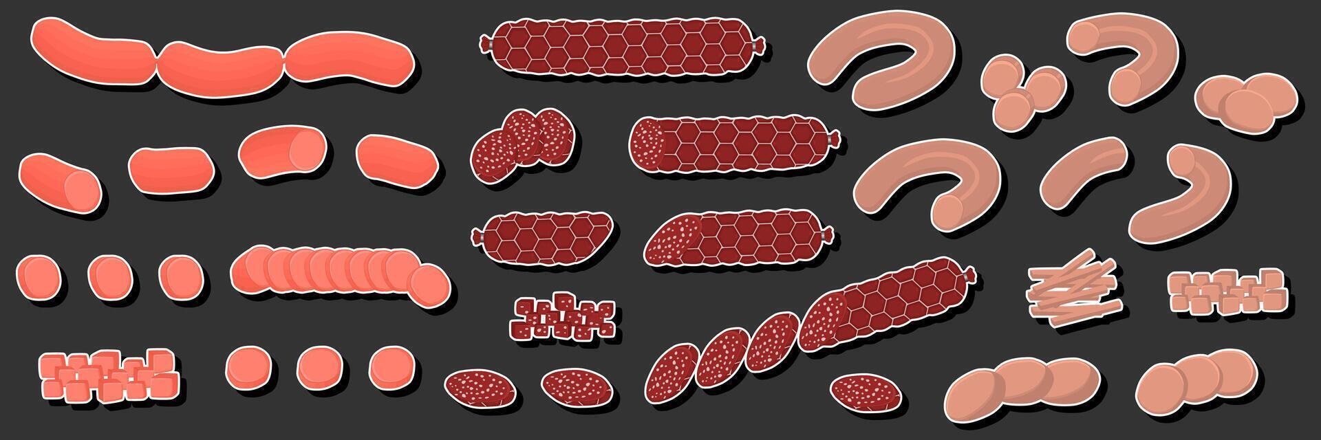 illustration på tema stor uppsättning olika typer delikatesser köttkorv vektor
