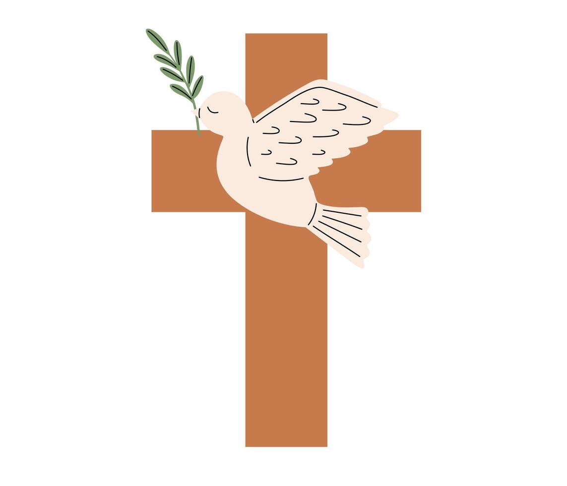 korsa och duva med gren ikon. påsk symbol. religiös kristen tecken. helig vecka. vektor illustration i platt hand dragen stil