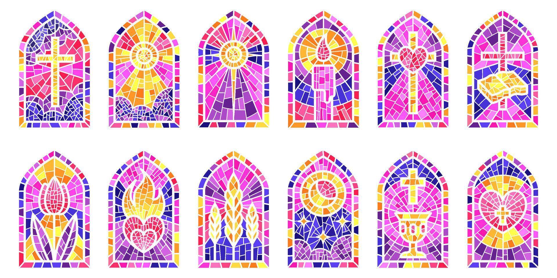Kirche Glas Fenster. befleckt Mosaik katholisch Frames mit kreuzen, Buch und religiös Symbole. Vektor einstellen isoliert auf Weiß Hintergrund