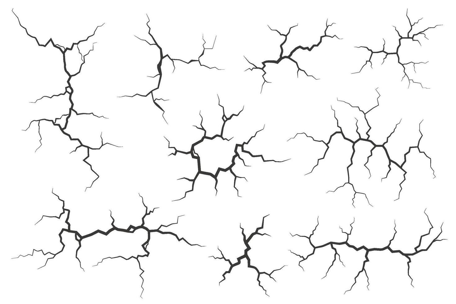 vägg sprickor med bruten textur. jord jordbävning effekt. hål rader på jord och is isolerat på vit bakgrund. sten förstörelse repa. vektor uppsättning