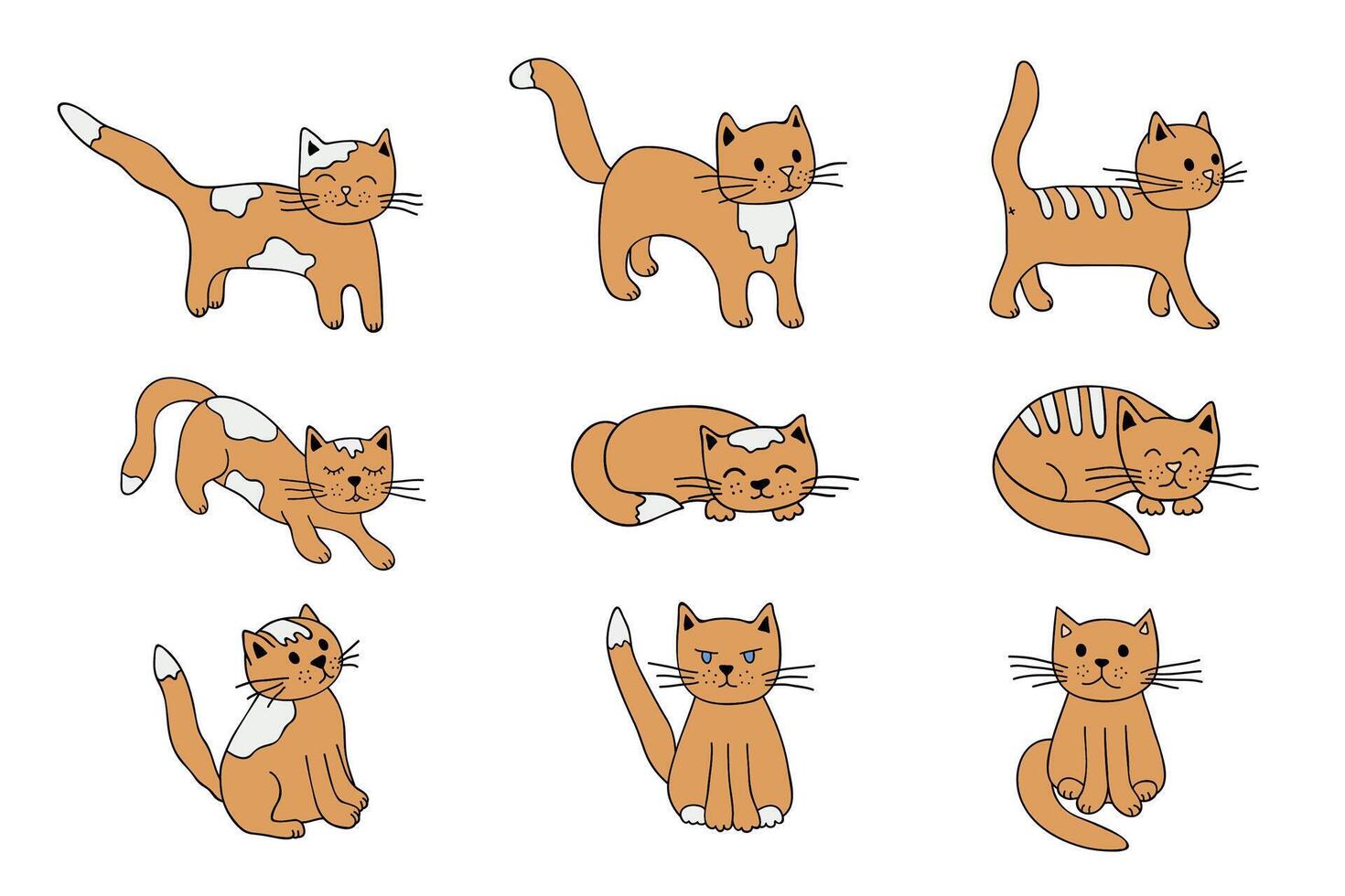 hand dragen katt ClipArt. söt sällskapsdjur klotter uppsättning vektor