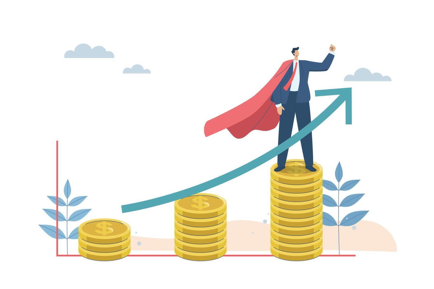 erfolgreich Investition Wachstum, profitieren oder Verbindung Interesse, ist gestiegen Reichtum von gut Planung, finanziell Erfolg Konzept, Held Geschäftsmann Stehen auf ein Stapel von Gold Münzen. Vektor Illustration.