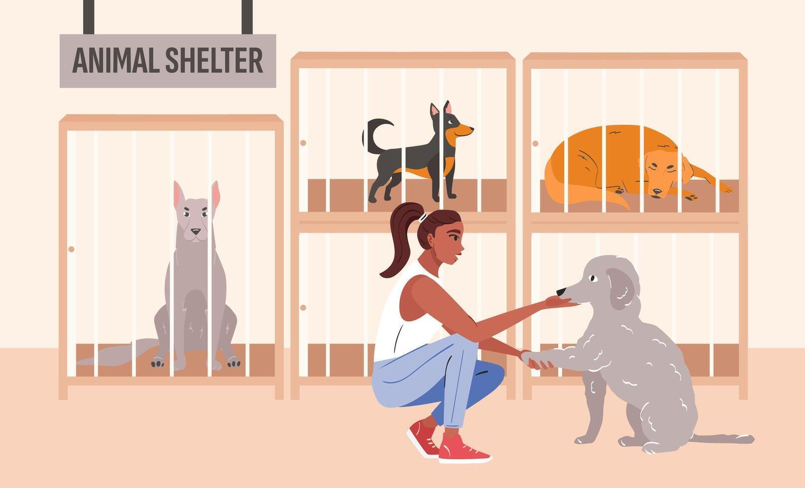 flicka petting hund. inhemsk djur och ägare. vänskap med djur. sällskapsdjur adoption. vektor illustration