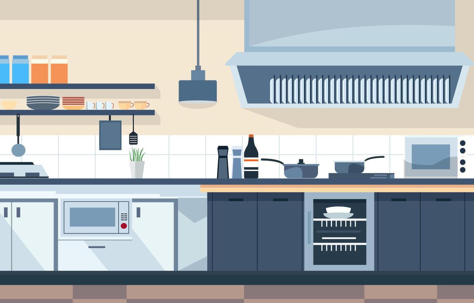 platt design av modern kök interiör i restaurang med lagring hyllor och spis vektor