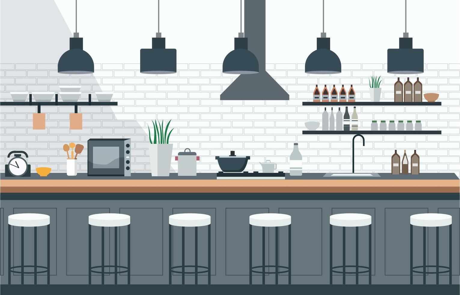 eben Design von Küche im Restaurant mit Küche Utensilien und Kunde Stühle vektor