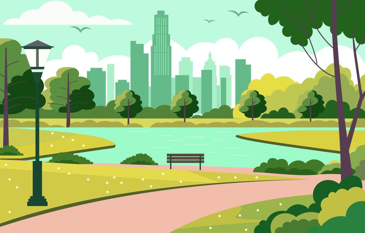 eben Design Illustration von See Aussicht im Stadt Park mit Stadtbild im hell Tag vektor