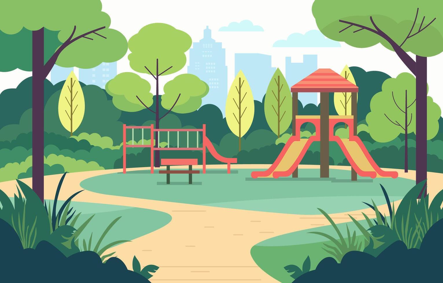 Vektor Design von rutschen im Spielplatz mit Grün Pflanzen Bäume im Stadt Park